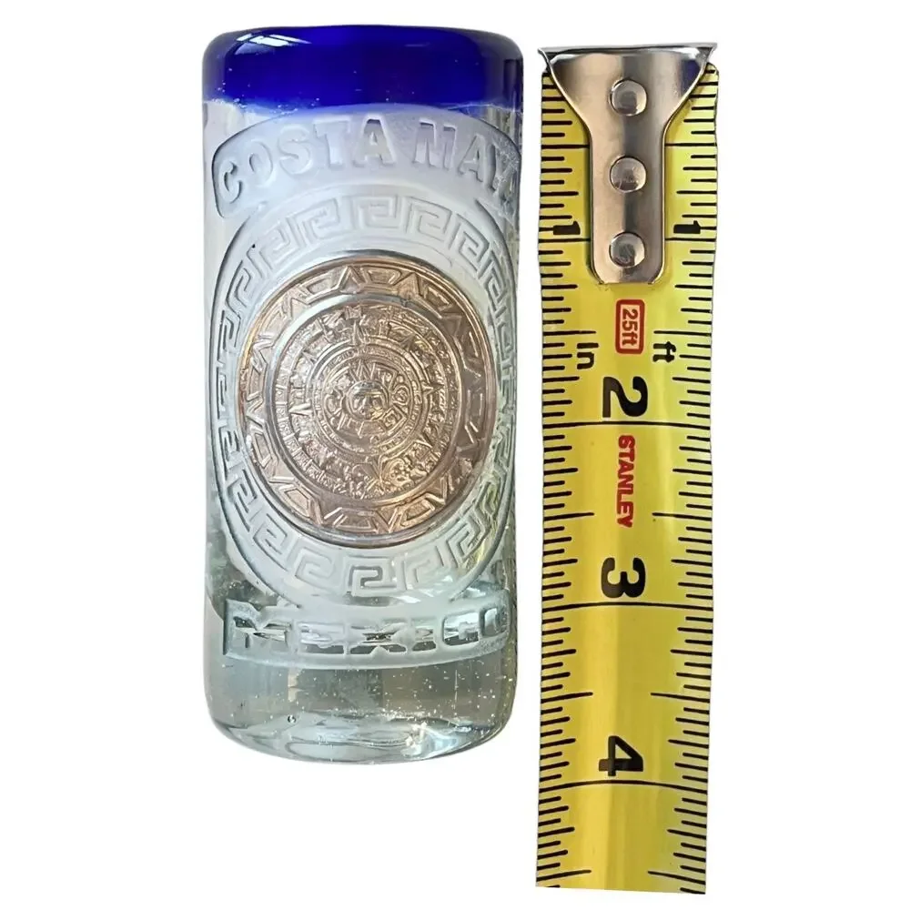 VTG Hand Blown DOUBLE SHOT GLASS Costa Maya Mexico Blue Rim Silver Medallion